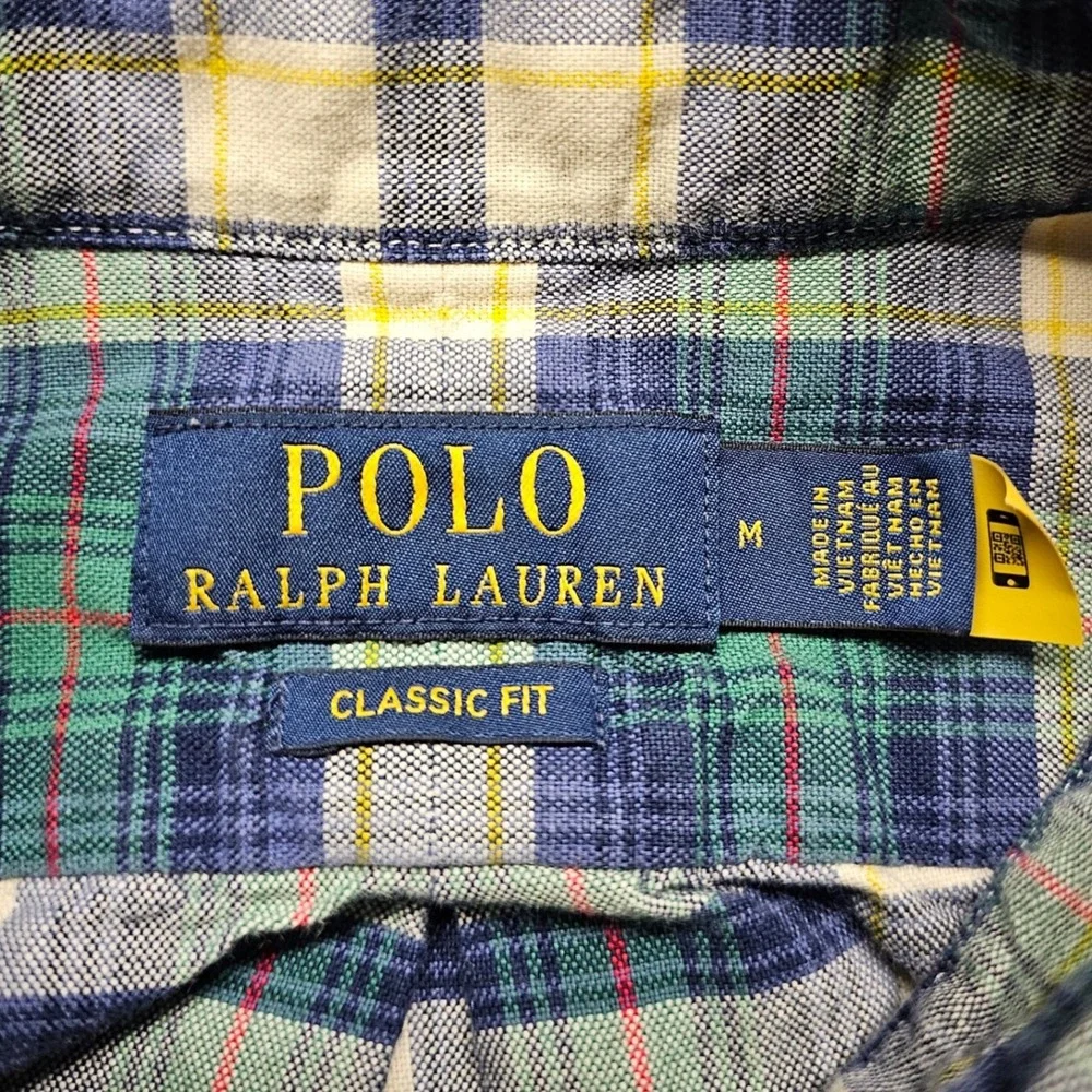 Polo Ralph Lauren Plaid Shirt Mens M Blue Green Yellow Short Sleeve Classic Fit